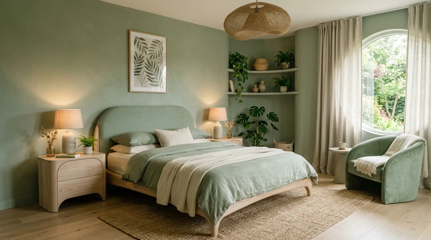 Use patterned textiles without making the room busy inspiration for a sage green bedroom.